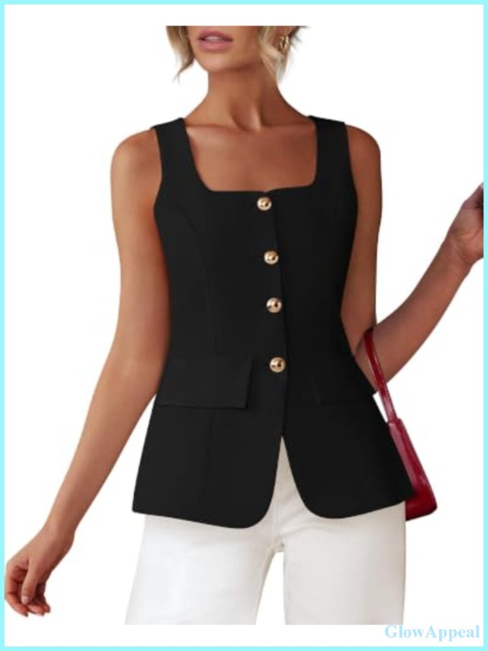 Sleeveless Square Neck Button Up Vest Top for Work Business Casual